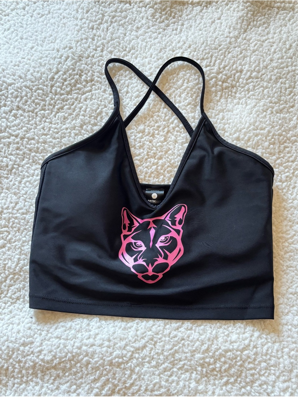 Electric Yoga Black Strappy Sports Bra with Pink Panther Graphic